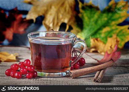 Cup of black tea, wool scarf, viburnum berries and spices on a rustick wooden table. Black tea in a transparent cup and maple leaves.