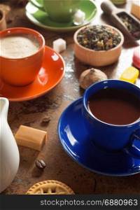 cup of cacao and coffee at table surface