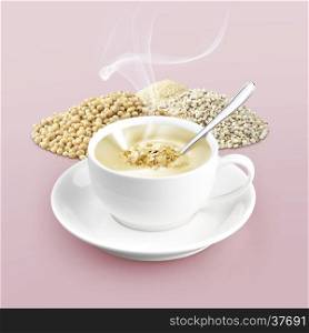 cup of cereal on color background