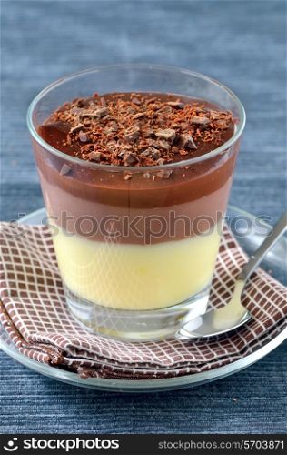 Cup of chocolate and vanilla pudding