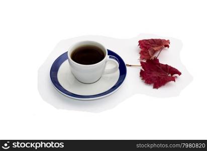 cup of coffee and beautiful autumn leaf, isolate, subject flowers and drinks