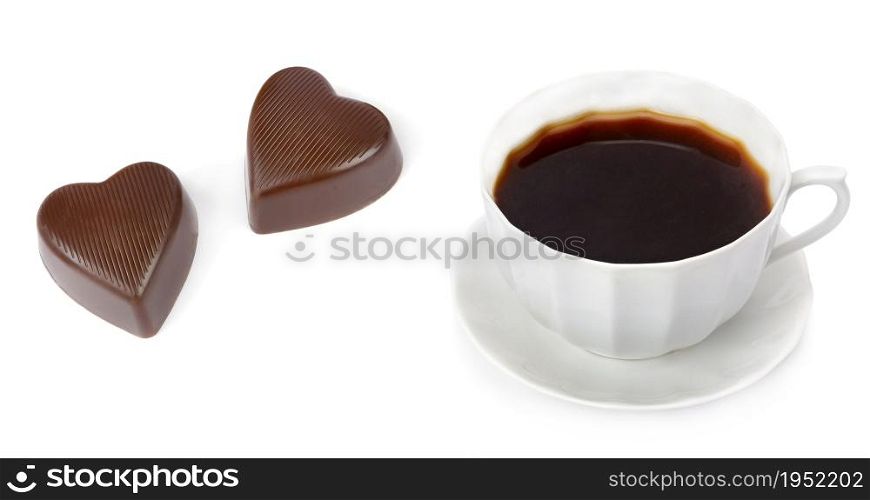 Cup of coffee and chocolate candies in the form of hearts isolated on white background. Collage. Wide photo.