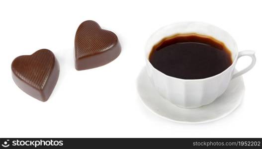 Cup of coffee and chocolate candies in the form of hearts isolated on white background. Collage. Wide photo.