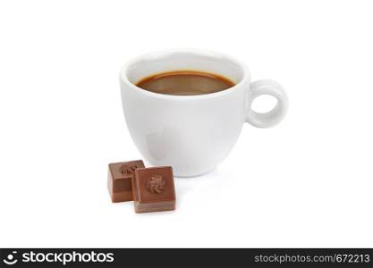 Cup of coffee and chocolate candies isolated on white background.