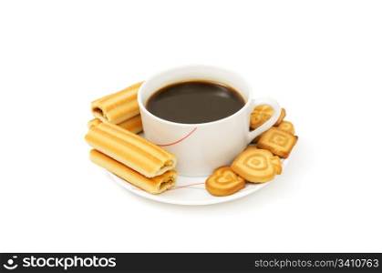 Cup of coffee and cookies isolated on the white