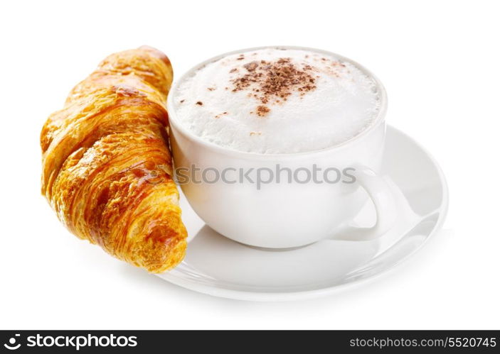 cup of coffee and croissant on white background