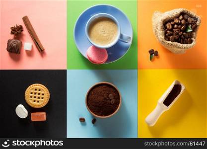 cup of coffee and ingredients at colorful background