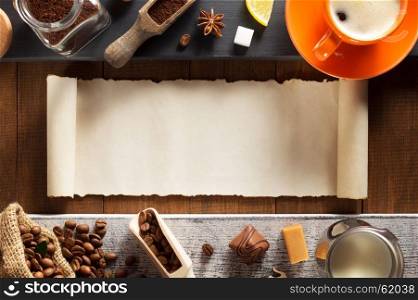 cup of coffee and ingredients on wooden background
