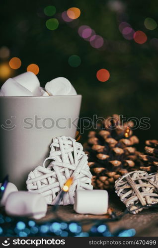 cup of coffee and marshmallows. gingerbread and Christmas decorations