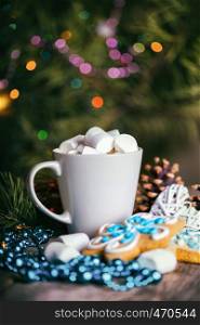 cup of coffee and marshmallows. gingerbread and Christmas decorations