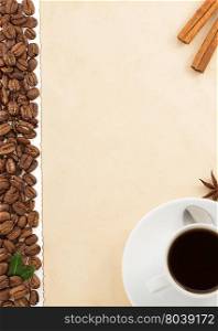 cup of coffee and parchment isolated on white background