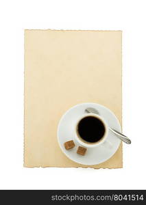 cup of coffee and parchment isolated on white background