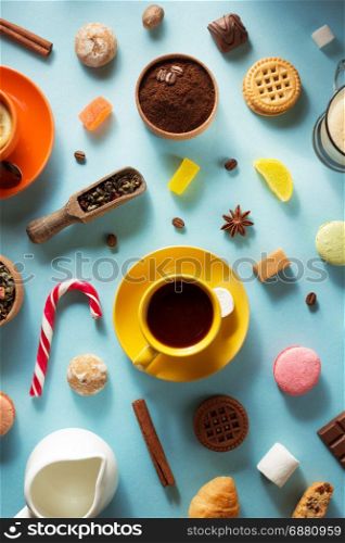 cup of coffee at blue surface background