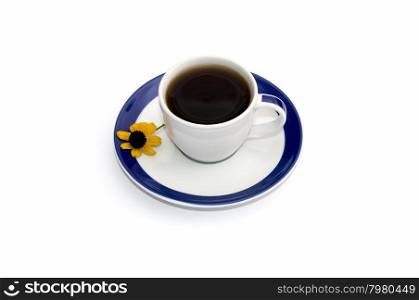 cup of coffee on a saucer with a blue border and a floret, isolate, a subject drinks