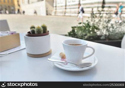 cup of coffee on a table in terrace with a potted plant in the square of Duomo in Firenze