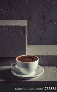 Cup of coffee on concrete grey abstract background texture. Set of coffee espresso as break concept