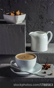 Cup of coffee on concrete grey abstract background texture. Set of coffee and food ingredient. Break concept