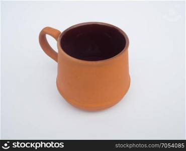 cup of coffee on white background, a cup made from baked clay