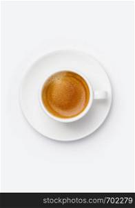 Cup of coffee on white background, flat lay. Cup of coffee on white background, top view