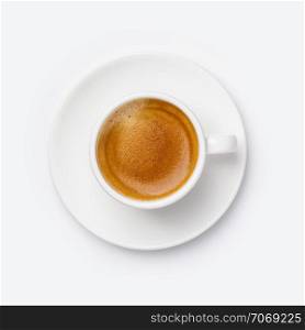 Cup of coffee on white background, flat lay, top view. Cup of coffee on white background, flat lay