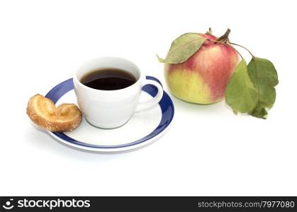 cup of coffee, one baking and apple, isolate, still life on a subject food and drinks