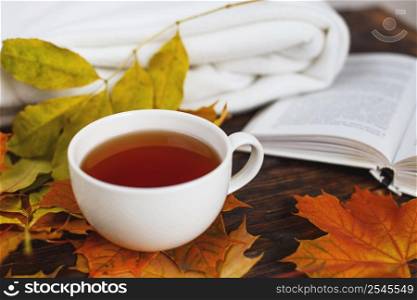 cup of coffee or tea with golden autumn leaves, plaid and book on a wooden background .top view. Fall concept. Autumn composition. cup of coffee or tea with golden autumn leaves, plaid and book on a wooden background .top view. Fall concept.