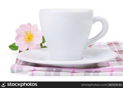 Cup of coffee, rose and plate on a white background