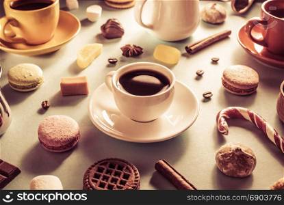 cup of coffee, tea and cacao at paper background