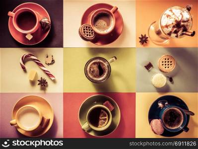 cup of coffee, tea and cacao at paper colorful background