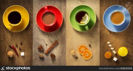 cup of coffee, tea and cacao . cup of coffee, tea and cacao at wooden background
