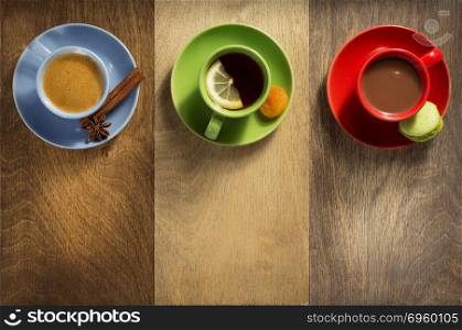 cup of coffee, tea and cacao . cup of coffee, tea and cacao at wooden background