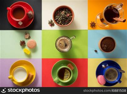 cup of coffee, tea and other drinks on table