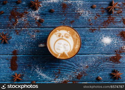 Cup of coffee with a lot of beautiful latte art. Cup of coffee with beautiful latte art - owl in the night sky