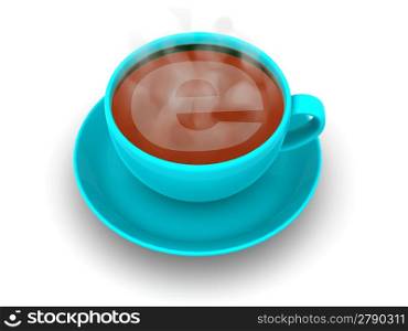 Cup of coffee with a symbol of the internet. 3d
