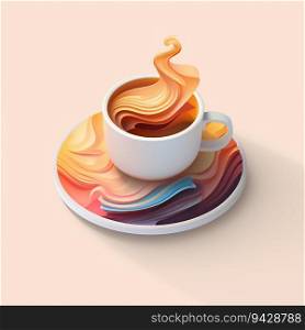 Cup of Coffee with Creativity Ideas Flowing in Summer Color, Isometric Art. Generative ai. High quality illustration. Cup of Coffee with Creativity Ideas Flowing in Summer Color, Isometric Art. Generative ai