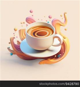 Cup of Coffee with Creativity Ideas Flowing in Summer Color, Isometric Art. Generative ai. High quality illustration. Cup of Coffee with Creativity Ideas Flowing in Summer Color, Isometric Art. Generative ai