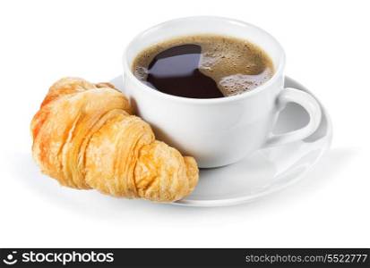 cup of coffee with croissant on white background