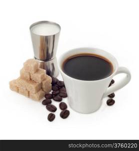 Cup of coffee with cube sugar and milk on white background