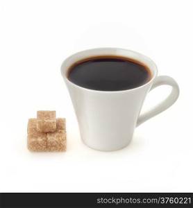 Cup of coffee with cube sugar on white background