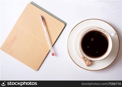 cup of coffee with diary, and care cosmetics around white background. life style flat lay