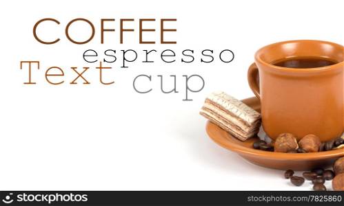 Cup of coffee with ingredients on a white background