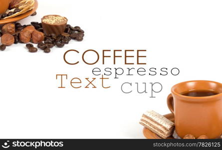 Cup of coffee with ingredients on a white background