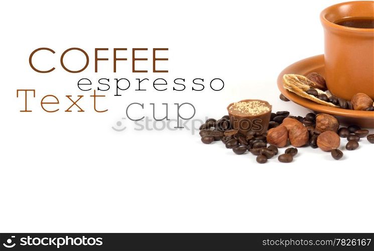 Cup of coffee with ingredients on a white background