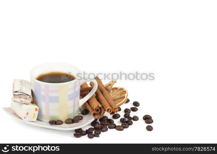 Cup of coffee with ingredients on a white background