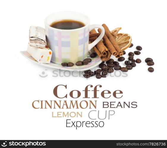 Cup of coffee with ingredients on a white background