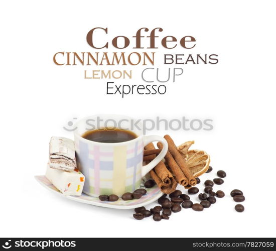 Cup of coffee with ingredients on a white background