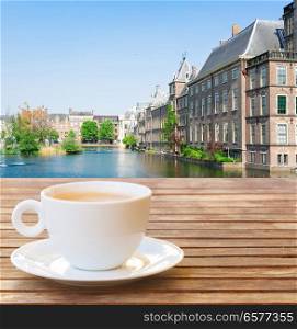 Cup of coffee with view of The Hague, Netherlands. Cup of coffee in The Hague