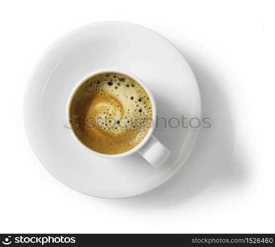 Cup of espresso coffee on white cup, top view, isolated on white background