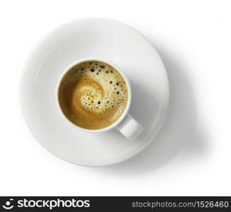 Cup of espresso coffee on white cup, top view, isolated on white background