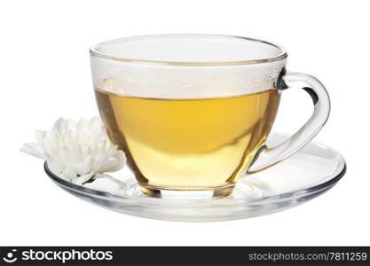 cup of green tea and white flower isolated